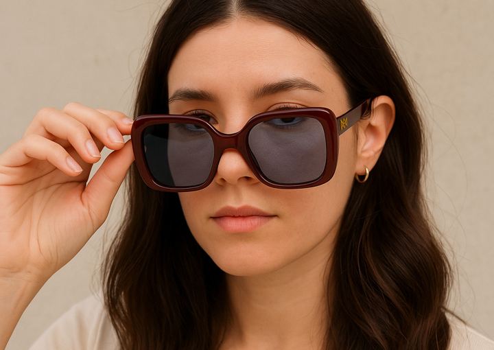 A woman in oversized burgundy Marie-Antoinette sunglasses